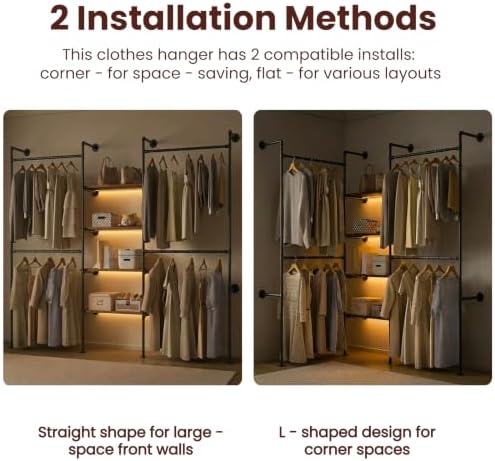 Industrial Pipe Clothing Rack with LED Lights& Shelves,Black - Image 3