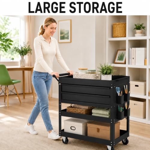 Garvee 30 Inch Rolling Tool Cart on Wheels, 3 Tier Steel Utility Tool Cabinet with 2 Drawer and Casters, Heavy Duty Tool Chest for Garage, Warehouse and Workshop - Image 2