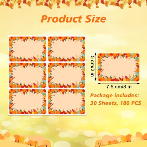 180 PCS Fall Name Tags Stickers Autumn Gift Labels Tag, Pumpkin Maple Leaves Fall Gifts Tags Sticker Thanksgiving Name Labels Stickers for Autumn Gifts Packaging Organizing Party Supplies - Image 2