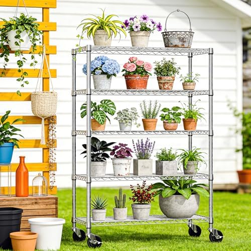 IZEUK 5-Tier Storage Shelving Unit with Wheels, Adjustable Heavy Duty Steel Wire Rack Organizer (Chrome, 17.7" D x 47.2" W x 76.7" H, 1750 lbs Capacity) for Garage, Kitchen, Pantry, Laundry, Basement - Image 2