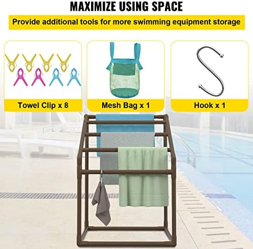 VEVOR Pool Towel Rack, 5 Bar, Brown, Freestanding Outdoor PVC Trapedozal Poolside Storage Organizer, Include 8 Towel Clips, Mesh Bag, Hook, Also Stores Floats and Paddles, for Beach, Swimming Pool - Image 5