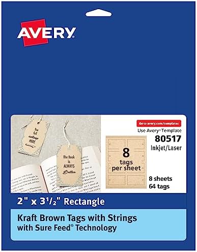 Avery Kraft Brown Rectangle Tags, Sure Feed Technology, 2" x 3.5", Laser/Inkjet Printable, 64 Total, Strings Included, Also Great for Gifts and Favors (80517) by Avery