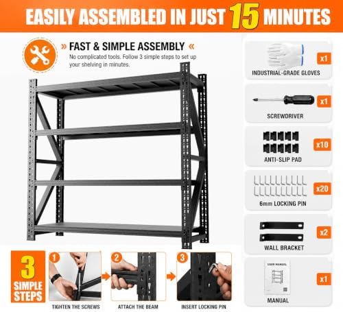 7000LBS Garage Shelving, 79" W Heavy Duty Metal Adjustable 4 Tier Storage for Warehouse, Basement, Shop and Office, Commercial-Grade Industrial Shelving, 79" W x 24" D x 75" H - Image 6