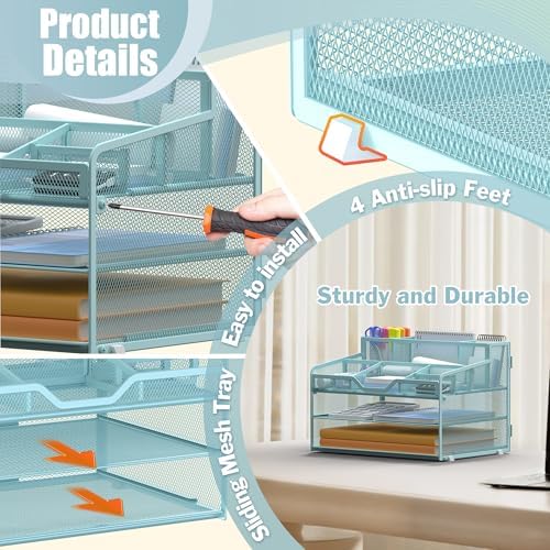 Docnest 3 Tier Mesh Desk Organizer with Letter Tray & Paper Sorter, Blue - Image 5