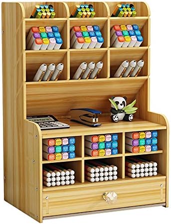 Hggzeg Wooden Desk Organizer with Drawer, Large Capacity DIY Pen Holder Storage Box Desktop Stationary Storage Rack, Pen Organizer Caddies for Office, Home and School Supplies (B16-Cherry Color) by Hggzeg