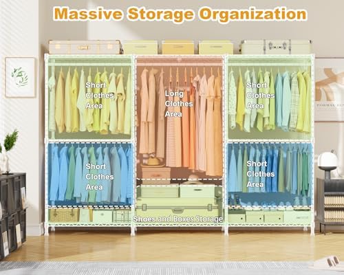 ULIFHOME E14 Max Heavy Duty Clothes Rack，Freestanding Clothing Racks for Hanging Clothes，Adjustable Closet Organizers and Storage，Metal Garment Rack with Shelves 86"W × 16"D × 77"H，Load 1060LBS，White - Image 3