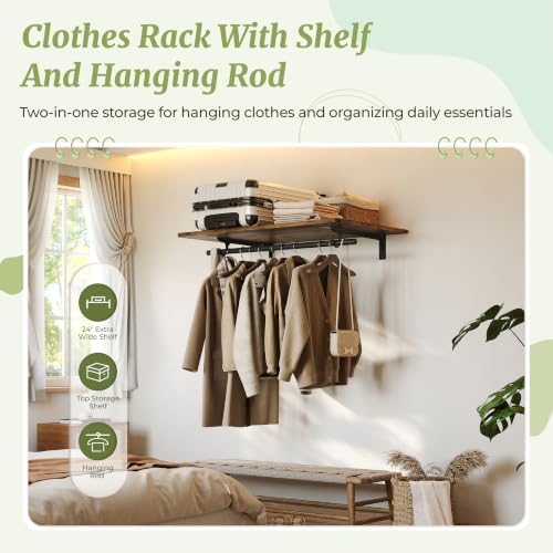 IAE Wall Mounted Clothes Rack with Shelf and Hanging Rod, 36x24in,Rustic - Image 6