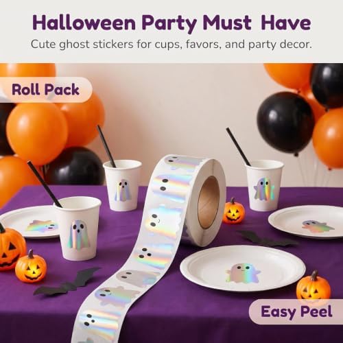 500Pcs Halloween Ghost Stickers Rolls,Holographic Cute Ghost Decals 1.2Inch - Image 5