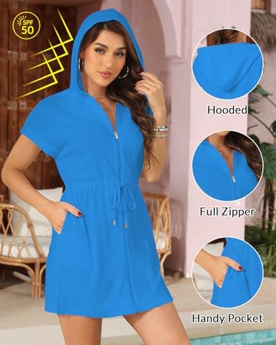 Womens Terry Cloth Cover Up Hooded Swim Cover with Zipper and Pocket - Image 2