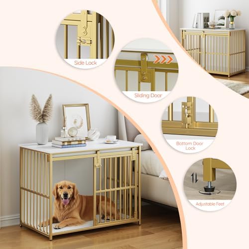 HOOBRO Dog Crate Furniture, 36.6" Heavy Duty Dog Kennel with Sliding Barn Door, Wooden Dog Cage Indoor, Decorative Side End Table for Small/Medium Dogs, White and Gold GD162GW03G1 - Image 6