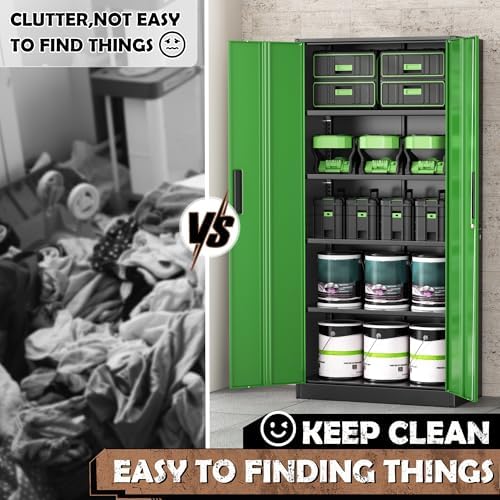INTERGREAT Metal Lockable Storage Cabinet, 72” Storage Cabinet with 2 Doors and 4 Adjustable Shelves for Office, Home, Garage, Pantry (Black Green) - Image 6