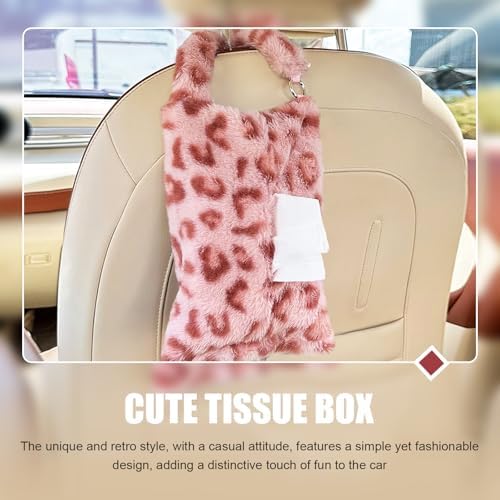 Leopard Print Car Tissue Bag, Cute Plush Hanging Tissue Holder, Multi-Functional Car Backseat Hanging Storage Bag, Universal for Small-Size Tissues (Pink) - Image 7