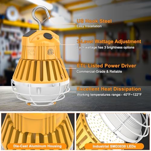 80W LED Temporary Work Light 12000LM, 5000K Linkable Construction Work Light with Switch & Hook, IP65 Waterproof LED Job Site Lighting with Stainless Steel Protective Cover - Image 4