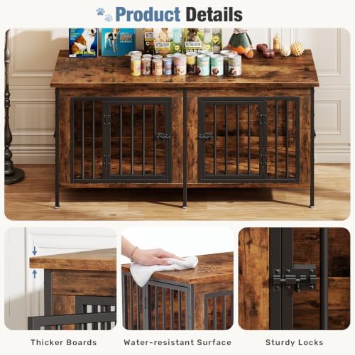 DUMOS 54" Dog Crate Furniture for 2 Dogs with Divider, Brown - Image 3