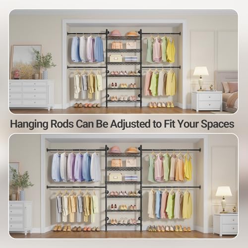 Timate S3X Expandable Wall Mounted Clothes Rack with 6 Adjustable Shelves & 4 Expandable Hanger Rods, Heavy Duty Industrial Pipe Clothing Rack for Hanging Clothes, Fits Spaces 5'11"- 8'10", Black - Image 2