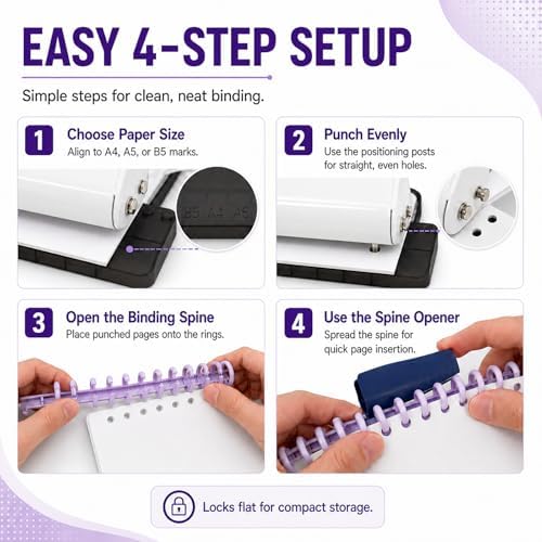 10 Hole Punch Binding Machine Kit for Planner (White) with 10 Multi-Color Spiral Coils, Adjustable A4 A5 B5 Paper Puncher, DIY Notebook Scrapbook Maker for Home Office School Organization - Image 5