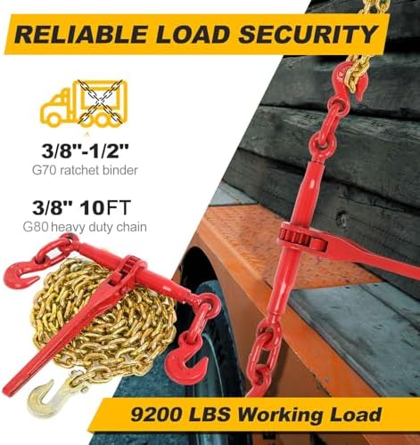 3/8" to 1/2" Ratchet Chain Binder 9200LBS with G80 3/8" X 10FT Binder Chain 5400LBS,with Grappling Hook,for Tie Down Heavy Loads to a Truck or Flatbed Trailer (2 Set) - Image 4