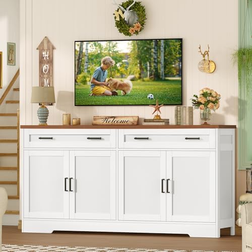 usikey 63" Buffet Cabinet with Storage, Large Sideboard Buffet Cabinet with 2 Adjustable Shelves and 4 Doors, Modern Farmhouse Coffee Bar for Kitchen, Living Room, White - Image 4