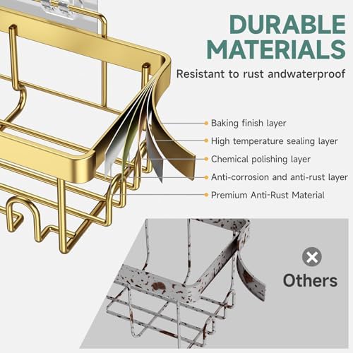 Veken Adhesive Shower Caddy 6-Pack,Gifts for Women Mom,Heavy Weight Bearing,Large Wall Mounted Bathroom Shelves Rack,Organizer Storage Accessories with Soap Dish&Toothbrush Holder,Bright Gold - Image 3