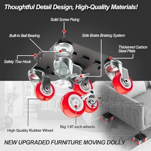 MYUEA Furniture Dolly 5 Wheels Heavy Duty with Removable Side Guards,3307 Lbs Capacity,360° Rotating Wheels & Side Brake,Furniture Movers Lifter Tool with Wheels for Appliances,Sofas,Beds,Pianos - Image 2