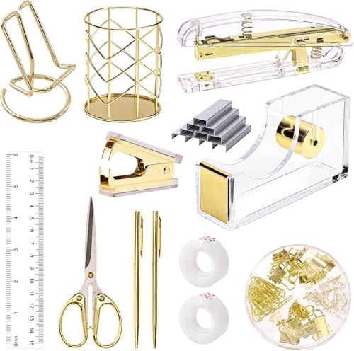 suniya Office Supplies,Gold Desk Accessories,with Stapler,Tape Dispenser,Pen Holder,Scissors,Phone Stand,Staple Remover,Ballpoint Pen,Clear Tape, Staples,Ruler,Clips,Best Gift for Business or Boss by suniya