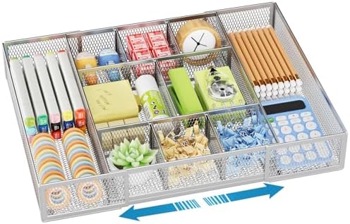 Marbrasse Expandable Desk Drawer Organizer, Mesh Tray with 10 Adjustable Compartments, Desk Organizers for Office Supplies, Makeup & Vanity (Expandable-Silver) by Marbrasse