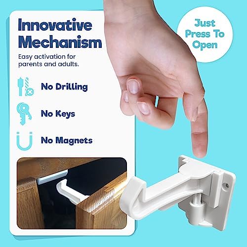 Upgraded Invisible Baby Proofing Cabinet Latch Locks (10 Pack) - No Drilling or Tools Required for Installation, Works with Most Cabinets and Drawers, Works with Countertop Overhangs, Highly Secure - Image 4