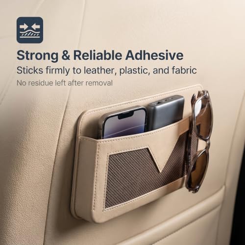 PU Leather Car Seat Gap Storage Pocket, Multifunctional Elastic Mesh Side Organizer, Self-Adhesive Anti-Scratch Car Side Storage Pouch Holds Phone Cards Receipts (Beige) - Image 7