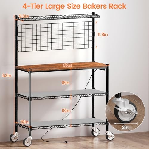 Bakers Rack with Power Outlet & Storage,36In Microwave Stand Kitchen Cart - Image 2