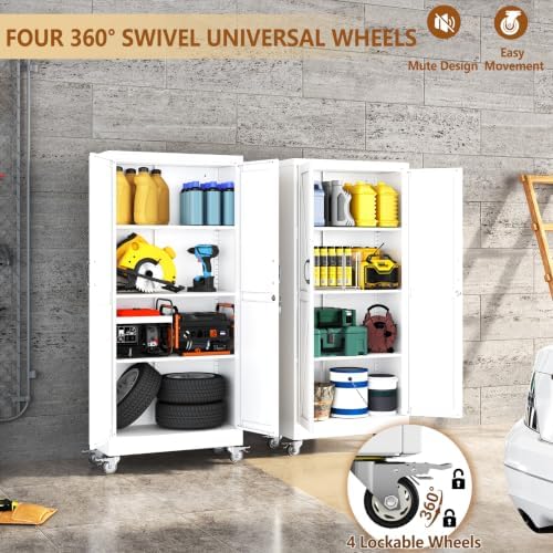 61" Metal Garage Storage Locker Cabinet with Wheels,Rolling White Farmhouse Kitchen Pantry Cabinet with 2 Doors and 3 Adjustable Shelves, Steel File Tool Cabinet for Home Office Warehouse - Image 6