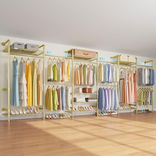 Timate F6 Wall Mounted Clothes Rack - Expandable Industrial Pipe Closet System, Heavy Duty Hanging Garment Rack, Closet Organizer & Storage Solution for Wardrobe, Bedroom,Walk-in Closets,Gold by SturdyWallMountedClothesRack