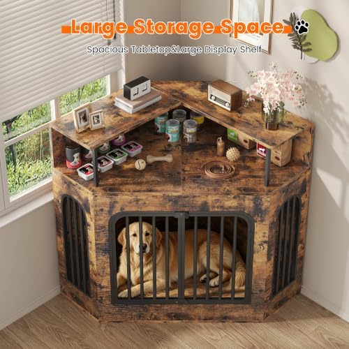 kepptory 46" Corner Dog Crate Furniture, Space Saving Wooden Dog Kennel with TV Stand & Side Table, 200 lbs Weight Capacity, Pet Cage with Secure Lock, Easy Assembly Indoor Crate - Image 5
