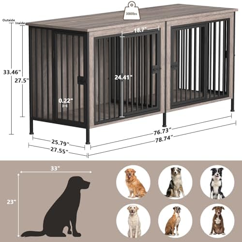 EasyCom 78.74" Dog Crate Furniture for 1 or 2 Dogs, 35-60 Pounds, Oak Grey - Image 4