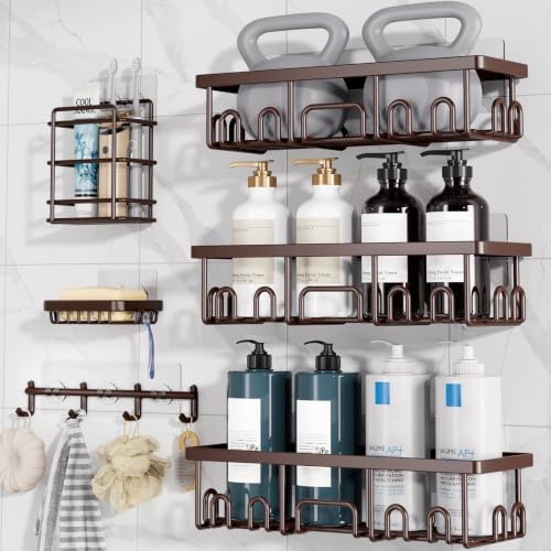 Veken Shower Caddy 6-Pack with Hooks, Bathroom Organizers & Storage, Brown by Veken