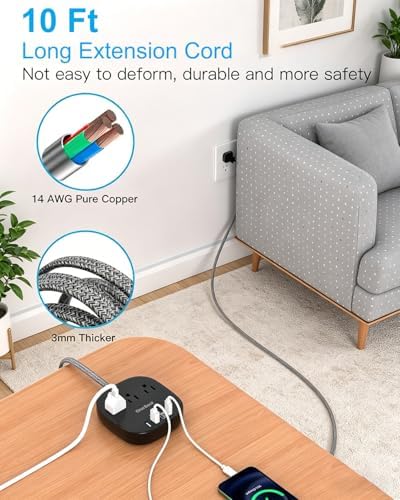 10 Ft Long Extension Cord, 22.5W/4.5A Flat Plug Power Strip, Black - Image 2