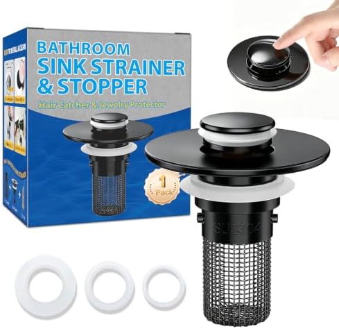 Bathroom Sink Drain Strainer, Pop-Up Bathroom Sink Stopper with Removable Stainless Steel Hair Catcher Basket, Universal Fit for US Bathroom Sinks, Showers & Floor Drains (1pcs-Black) by YourSimplifiedHome
