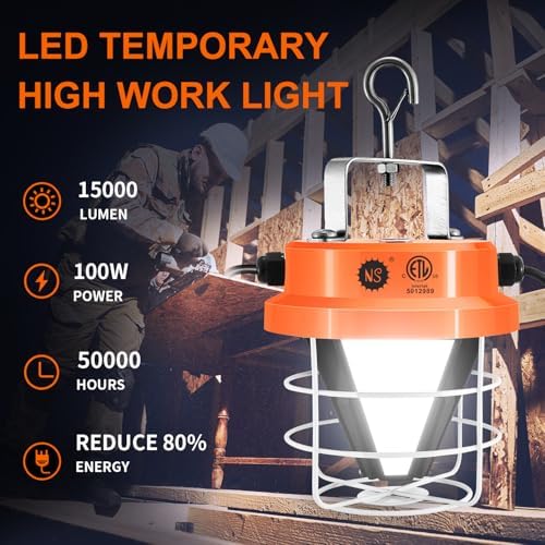 NS 100W Led Temporary Work Light 15000LM Construction Lights 5000K Daylight White Portable Hanging Work Lights for Outdoor Indoor Garage Shop High Bay Warehouse Lighting - Image 3
