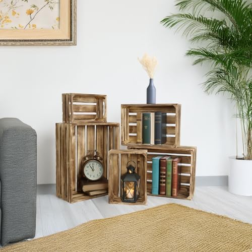 5-Piece Rustic Burnt Brown Wooden Crates Set, Wall Mountable Slatted Storage Crates with Handles, Farmhouse Wooden Crates for Display & Organizer for Home Decor - Image 5