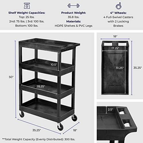 Stand Steady Tubstr 4 Shelf Utility Cart Supports Up to 300 lbs - Heavy-Duty Plastic Service Push Cart with Deep Shelves and 4" Casters, for Offices, Warehouse Storage, Garage (Black, 35 x 18 x 50) - Image 6