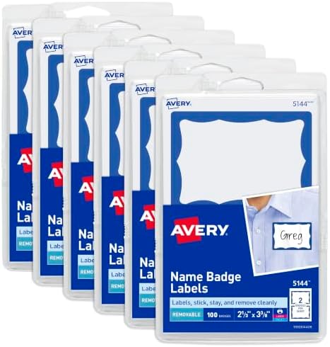 Avery Customizable Name Tags, 2-1/3" x 3-3/8", White with Blue Border, Removable Adhesive, 100 Name Badge Labels per Pack, Great for Meetings, Events, and More (6 Packs of 44144) by Avery