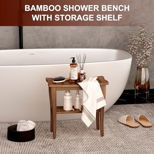 Bamboo Shower Bench Stool with Storage Shelf, Waterproof Shower Chair Spa Bath Seat, Shower Stool for Inside, Bathroom Bench Seat for Adults Elderly Seniors for Indoor or Outdoor Use(Walnut) - Image 2