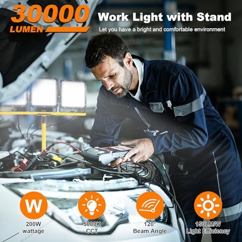 30000Lumen LED Work Lights with Stand, 3 Head Tripod Work Light 16.5FT Power Cord IP65 Waterproof, Portable Telescoping Flood Light for Construction Site Garage Workshop Indoor Outdoor Lighting - Image 2