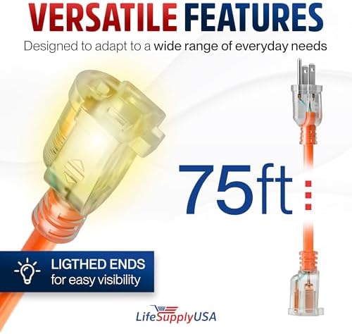 75ft Outdoor/Indoor Extension Cord 12/3 Gauge Extra Heavy Duty 3 Prong SJTW, Waterproof, Flexible Cold-Resistant Long Power Cord,15A 125V 1875W, Orange by LifeSupplyUSA - Image 6