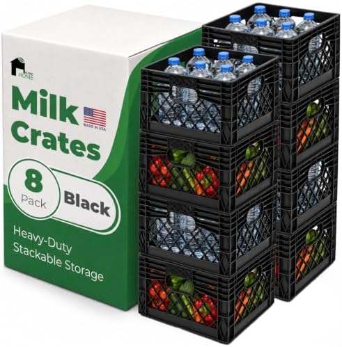 EconoHome Milk Crate - Stackable Storage Crate with Built-In Handles - Heavy Duty Plastic Material - Ventilated Organizer Bin for Garage, Pantry, Classroom, Office & Moving - Black, 13x13x11, 8-Pack by EconoHome