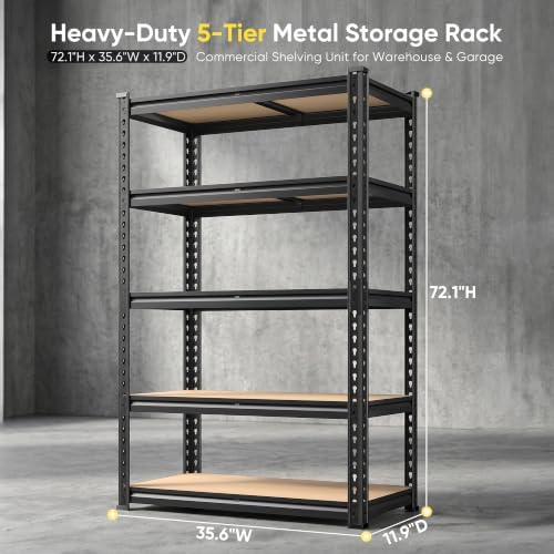 REIBII Garage Shelving, 5-Tier Storage Shelves Load 2410LBS, Adjustable Storage Rack for Garage, Pantry, Closet, Steel Frame, 35.6" W x 72.1" H x 11.9" D, Black - Image 3