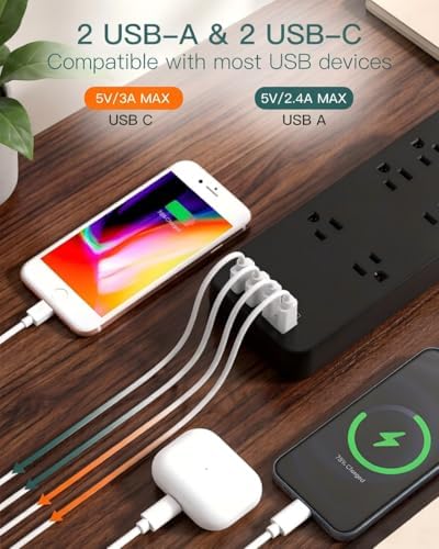 Addtam Power Strips with Surge Protection, 15FT Long Extension Cord with Multiple Outlets, Surge Protector Power Strip with 10 Outlets and 4 USB Ports(2 USB C), Flat Plug, 2700J, Black - Image 5