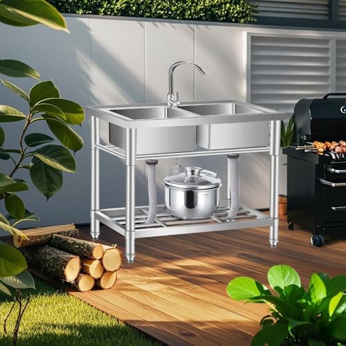 Garvee Stainless Steel Utility Sink with Faucet, Commercial Freestanding Double Bowl Sink with Hot & Cold Water Pipes, Storage Shelf for Restaurant, Kitchen, Garage, Laundry, Outdoor (33in) - Image 7