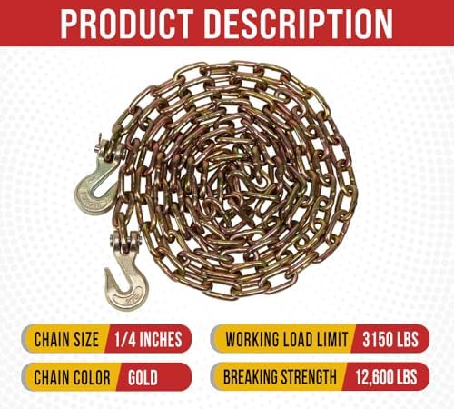 Mytee Products (4 Pack) 1/4" x 12' Transport Binder Chain Grade 70 with Grab Hook - 3150 LBS WLL Transport Binder Tow Chain with Hooks - Towing Equipment - Gold Chromate - Image 3