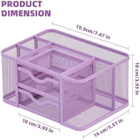 Marbrasse Mesh Desk Organizer, Pen Holder with 2 Drawer, Multi-Functional Pencil Holder, Desk Organizers and Accessories with 5 Compartments + Drawer for Office Art Supplies (Purple) - Image 4