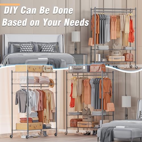 Homdox Heavy Duty Rolling Clothing Rack, Adjustable Garment Rack with 3 Tier Storage Shelves, Freestanding Closet Wardrobe for Hanging Clothes with Side Hooks, Gray - Image 6